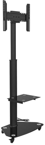 XTRARM Proton 300 - Supporto per TV in alluminio con ripiano, 32-75 pollici, fino a 40 kg, con presa USB, girevole a 90°/209 cm, regolabile in altezza, Vesa 600 x 400, nero