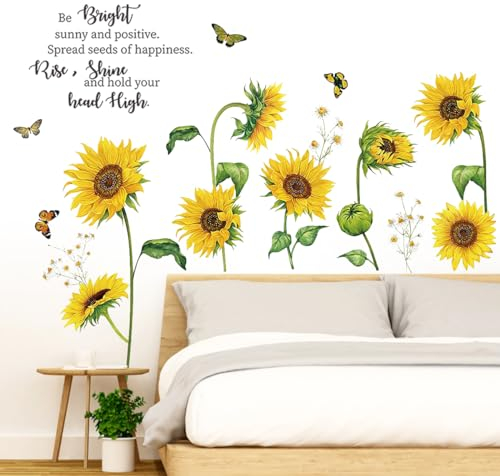 Sunflower Wall Stickers, ZONITOK Inspirational Quotes Sunflower Wall Decals, Yellow Flowers Butterfly Garden DIY Art Decor for Living Room Home Bedroom TV Wall Nursery Decorations