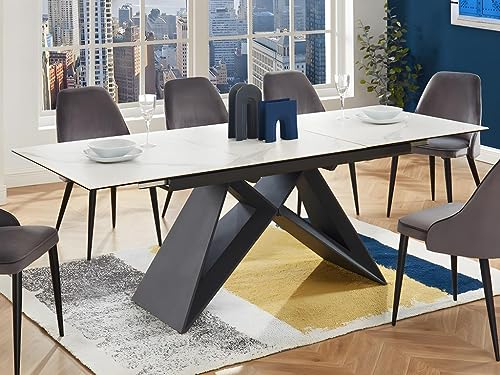Vente-unique-Esstisch ausziehbar - 6 bis 8 Personen - Keramik & Metall - Weiß - LISBY