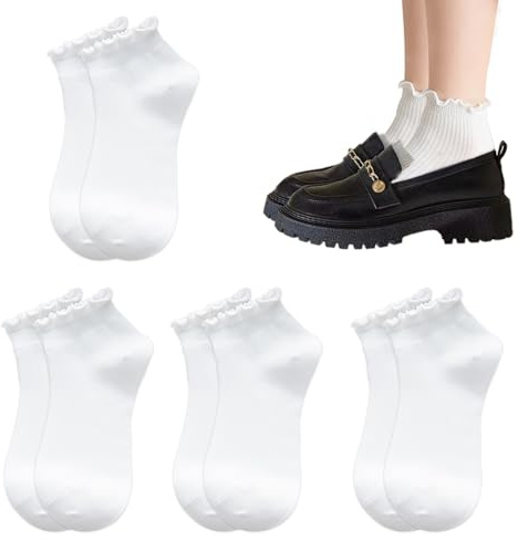 DMNQ 4 Paar Rüschen Socken - Weiche Atmungsaktive Strick Knöchelsocken für Damen und Mädchen in Weiß