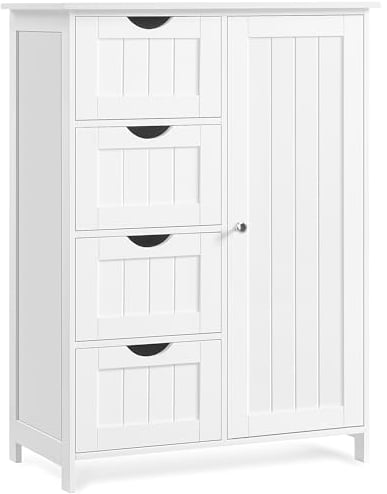 VASAGLE Badezimmerschrank, schmaler Badschrank, Beistellschrank, Kommode, mit 4 Schubladen, Schranktür, verstellbare Ablage, 35 x 65 x 90 cm, wolkenweiß LHC042W01