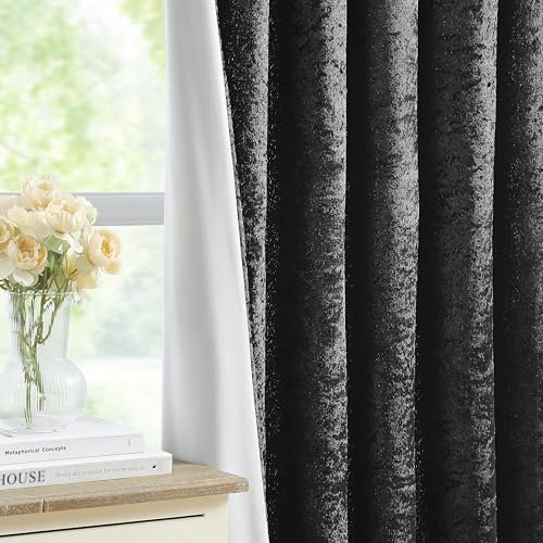 Bujasso Black Crushed Velvet Pencil Pleat Room Darkening Window Curtain Panels 54 inches Long Microfiber Lining 70% Blackout Window Drapes for Bedroom Living Room Set of 2 Panels W46 x L54 Black