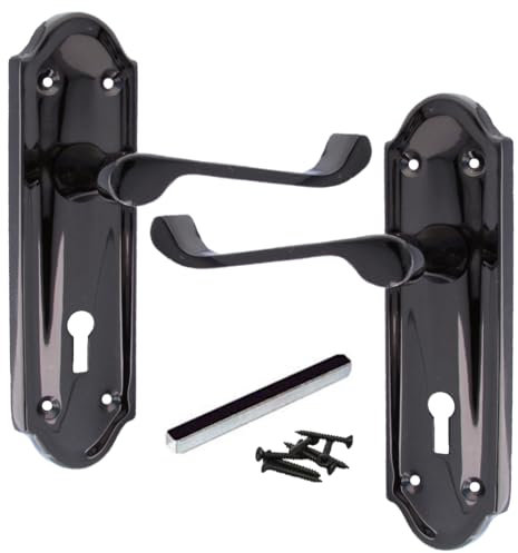 Betley Butterfly Ashford Door Handles Key Lock, Pair Black Nickel 168mm x 47mm Backplate, Vic Scroll Lever Handle for Interior Wooden Doors