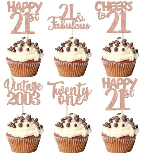 30 Stück Vintage 2004 Cupcake Toppers Glitzer Happy 21st Geburtstag Tortendeko Cheers to 21 Fabulous Twenty One Kuchen Deko für 21st Geburtstag Hochzeit Jahrestag Party Rosegold