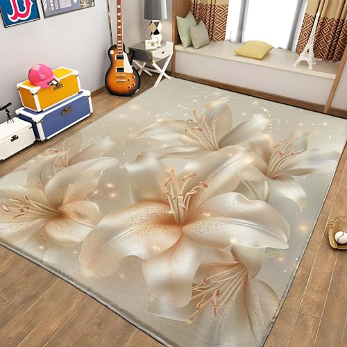 Kurzflor Teppich Wohnzimmer Lilie Weiß 160x230 cm Teppiche Flausching Wohnzimmer Teppiche Schlafzimmer Teppich Waschbarer Weiche Teppiche für Wohnkultur
