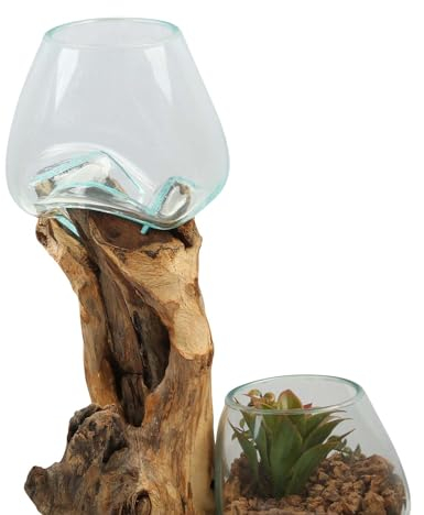 Doppel Glasvase auf Wurzelholz Ø 15cm x Höhe 40cm aus Recycling Glas & Teak Wurzel Holz handgefertigt | extravagante Wohndeko Deko-Vase Glasschale Natur-Vase | A29