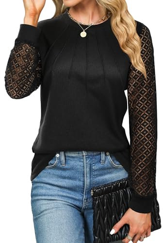Cuptacc Langarmshirt Damen Rundhals Top Lace Tunic Herbst T-Shirt Mit Falten Pullover Shirt Luftig Schwarz, Klein S 36
