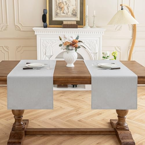 AooHome Tischläufer Hellgrau 40X140cm(2 Stück), Tischdeko Leinen-Optik Abwaschbar Tischband aus Polyester Wasserabweisend mit Lotuseffekt, Dauerhaft Kratzfest für Esszimmer Party Weihnachten