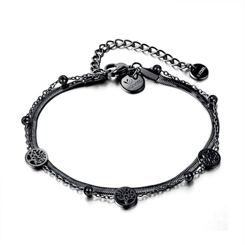 VICKWOOD Lebensbaum Armband Damen Fußkettchen Edelstahl bis 30cm 18K Vergoldung Wasserfest Gold/RoseGold/Silber Geschenk für Frauen (A.Band_Black)