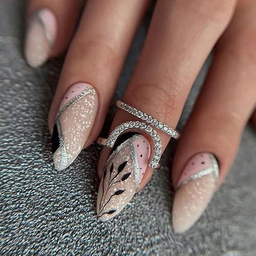 Mgmxbsth 24PCS Enumerated Medium Pressed Nails,Fake Nails, French Tip False Nails, Stick On Nails, Almond Tip Full Coverage Gel Adhesive Nail, Suitable for Women and Girls(Bicolour Black Leaf)
