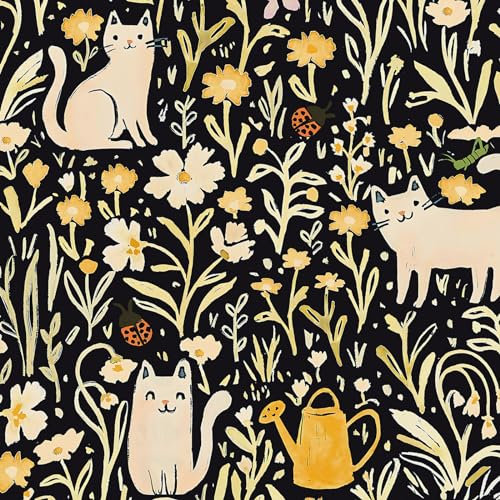CiCiwind Peel and Stick Wallpaper Black Floral Wallpaper 41CM×3M Thicken Self Adhesive Vinyl Beige Yellow Flower Cats Contact Paper Waterproof Sticky Back Plastic Stick on Wall Paper for Wall Cabinets