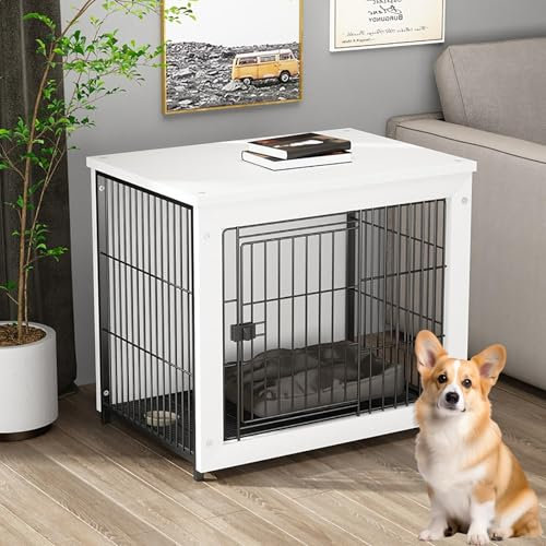 QYMLSH Wooden Dog Cage End Table TV Stand Modern Decorative Dog Crate Perfect For Small Medium Large Dog Multi-Purpose Removable Tray Indoor Furniture Style Durable Kennel House(White)