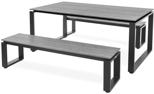 di volio Gartenmöbel Trento, Gartenmöbel-Set - geräumiger Esstisch & 2 Gartenbänke, aus witterungsbeständigen Materialien, für Garten & Terrasse (Grau, Schwarz)