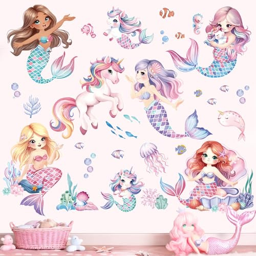 decalmile Wandsticker Einhorn Meerjungfrau Wandtattoo Unter dem Meer Fisch | Abziehbare und Aufklebbare Wandaufkleber, DIY Abnehmbare Wandkunst Abziehbilder, Wandfreundlich, Leuchtenden Farben