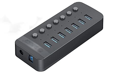 7 Port Powered USB 3.0 HUB BC1.2 Charger Splitter with Individual on/Off Switches and 12V/2A Power Adapter for PC Computer
