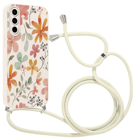 Kueqeay Coque avec Cordon pour Samsung Galaxy A54 5G 6,4 avec Motif Fleur Blanc Case, Aesthetic Silicone étui avec Collier Réglable Corde Souple TPU Antichoc Housse de Protection pour Femmes, 01