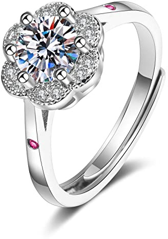 Lirzxin Damen Ring 750 Weißgold 18 Karat, Ehering Damen Verstellbar Elegant Blume mit Rund Erstellter Diamant und Erstellter Rubin Eheringe Trauringe Weißgold Gr. 49 (15.6)