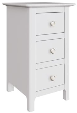 FWStyle Palma White 3-Drawer Slim Bedside Chest – Fully Assembled Narrow Nightstand with Smooth-Glide Drawers & Brushed Metal Handles – Compact Bedroom Storage Unit
