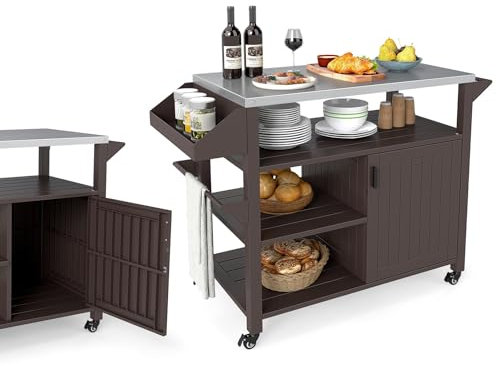 KOMFOTTEU Chariot pour Barbecue avec Armoire à Porte, Chariot à Griller avec Plateau en Acier Inoxydable, Desserte de Jardin avec Porte-Serviettes & 3 Étagères Ouvertes, 117 x 50 x 87 cm