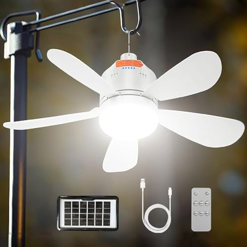 KZT Ventilador de techo solar con iluminación LED para camping, luz con batería, ventilador de techo portátil, 3 velocidades, 3 modos, para terraza, balcón, lámpara