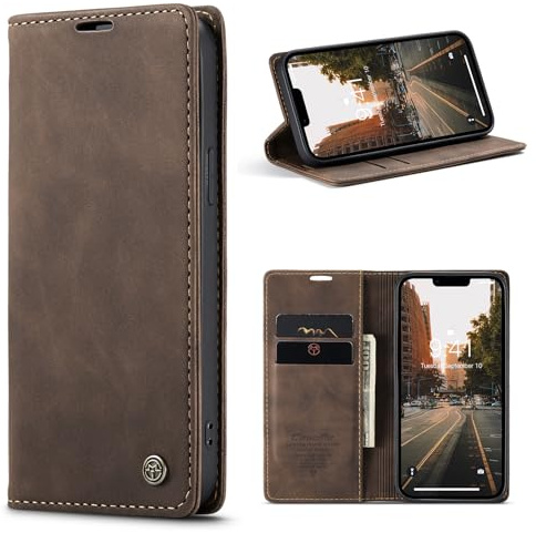 Phernykas Handyhülle für iPhone 14 Hülle Leder,Magnetische Klapphülle mit kartenfach und Standfunktion Smartphone Schutzhülle Lederhülle iPhone 14 Flip Book Case (Kaffee)