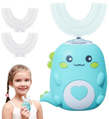 Kouamor Kinder Elektrische Zahnbürsten 6-12/2-6, 360° U-Form Zahnbürste, Dinosaurier-förmige Zahnbürste, Ultraschall-Kleinkind-Bürste, mit 2*U-förmigen Silikon-Bürstenköpfen, 60s Timer, 2 Einstellbare