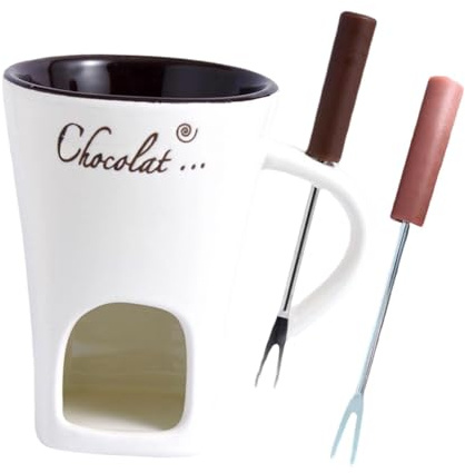 FytStycale Chocolate Fondue Mug with 2 Forks, 130ml Candy Hot Pot Fondue Warmer Mug, Ceramic Personal Cheese Melting Cup Butter Warmers Pot for Anniversary Kitchen Engagement, White