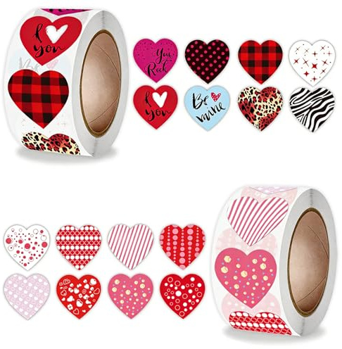 1000 Stück Herz Sticker, Aufkleber Herzen Selbstklebend, Belohnungssticker, Valentinstag Aufkleber für Umschläge, Hochzeiten, Scrapbooking und Geschenkverpackungen (2 Rollen, 2,5 cm)
