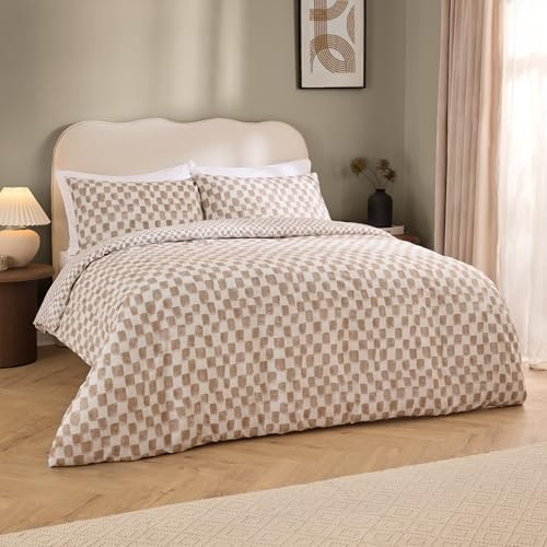 furn. Hoem Nyhavn Duvet Cover Set – Reversible Check Cotton Rich Scandi Bedding (Tobacco - King)
