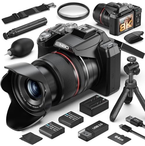 8K & 64MP Digitalkamera für Fotografie, 48X Zoom (16X Optisch + 3X Digital) mit Mondmodus, 180° Klappdisplay, WLAN, Micro-HDMI, inkl. 64GB TF-Karte & 2 Akkus – Vlogging Kamera für YouTube