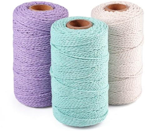 Dekorinex 3 Rollos Hilo Macrame, 2 mm x 100 m Cuerda Macrame de Algodón | Hilo de Macramé, para Manualidades, Plantas Colgantes, Atrapasueños, Decoración Bohemia (Beige, Azul Aguamarina, Morado)