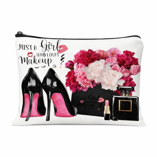 Kosmetiktasche Damen – Make-up Tasche mit Reißverschluss, Elegante Schminktasche mit High Heels & Parfum Motiv, Reise Kosmetikbeutel, Geschenk für Frauen