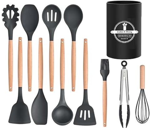 ABCORPHIC Utensilios de Cocina de Silicona, 12 Piezas, Negro | Sin BPA, Resistente al Calor, Antiadherente, con Mango de Madera, con Soporte