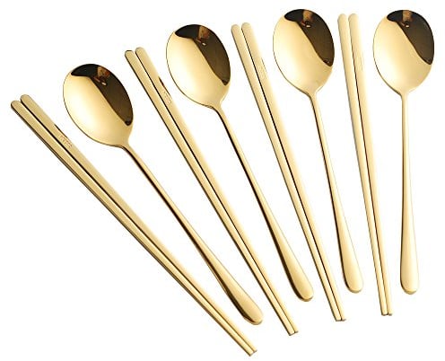 Buyer Star 4 Sätze Korean Essstäbchen und Löffel 8 Stück Edelstahl Dessertlöffel Stäbchen Geschirr Service für 4 Personen Chopsticks Spoons