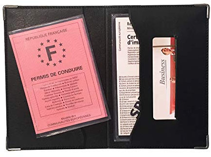 Color Pop Porte Papier DE Voiture Fabrication Francaise + Porte Carte Grise Transparente 3 VOLET Simili Cuir Renfort Metal AUX Angles Etui PERMIS Conduire (Noir)