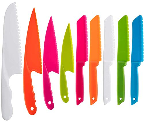 QincLing 9 Pieces Plastic Kid Kitchen Knife Set, Reusable Nylon Chef Knife Children's Safe Cooking Knives for Baking, Fruit, Bread, Cake, Lettuce Knife, Salad Knife
