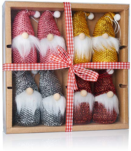 BRUBAKER 8-teiliges Set Weihnachtszwerge aus Holz und Strick - Baumanhänger Weihnachtsanhänger - 10,5 cm in Geschenkbox
