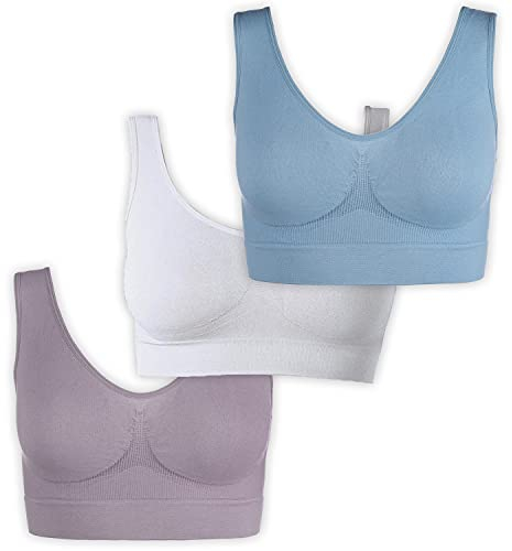 UnsichtBra Bustier Damen BH ohne Buegel | 3er Set Wohlfühl Bustiers Tops | Bügelloser Soft Bra | Schlaf Still Sport Crop Top Büstier blau, lila, weiß (wellbra_pas)(M)