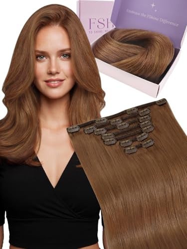 Fshine Extensions Echthaar Clip Kupfer 55cm 120g Clip in Extensions | Echthaar Extensions Clip, Schnell einsetzbar, ohne zusätzliche Werkzeuge, Anfängerfreundlich, natürliche Haarintegration