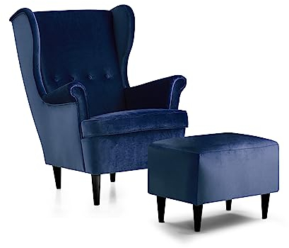 Traumnacht bequemer und moderner Ohrensessel, Polstersessel, Relaxsessel Edgar mit Holzfüßen, produziert nach deutschem Qualitätsstandard, blau (Samt) + passender Fußhocker, blau (Samt)