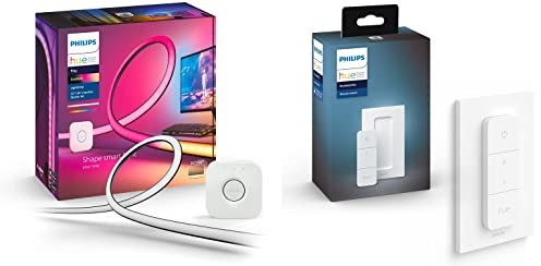 Philips Hue White and Color Ambiance, Kit démarrage Lightstrip Play gradient PC pour écran 32-34 pouces + Pont + Philips Dim Switch Télécommande nomade variateur de lumière V2