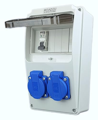 RoadEu - Distribuidor de corriente 230V con 2 enchufes Schuko y interruptor C16A. Cableado y distribuidor para interiores y exteriores, con protección IP54. Ideal para talleres, cobertizos y jardines.