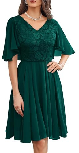 GRACE KARIN Damen Abendkleid Chiffon Luftig Leicht Sommerkleid V-Ausschnitt Elegant Blumenspitzen Cocktailkleid mit Fledermaus Dunkelgrün 44