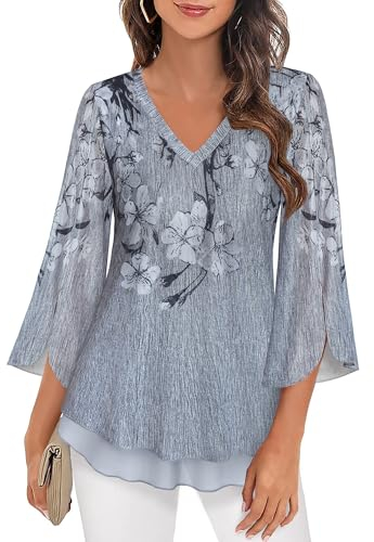 Damen Oberteile 3/4 Ärmel Elegant Grau Tunika Festlich Blusen & Tuniken für Damen Lang 3/4 Arm Shirt Bluse mit Rüschen V-Ausschnitt LongshirtGroße Größen Long Oberteile,XXL