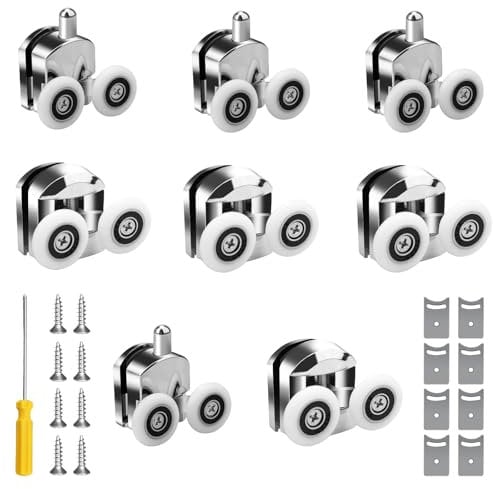 Shower Door Rollers, 0.9”/23mm Shower Door Wheels Replacement with Anti- Collision Blocks and Screws, Top and Bottom Wheels for Curved Shower Door Shower Enclosure, Pack of 8