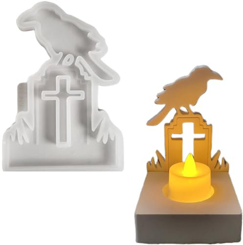 Silikonform Halloween Kerzenhalter, Silikonformen Gießformen Halloween, Silikon Gießform Kerzenhalter Einsatz und Sockel Kombiniert, Gipsformen zum Gießen (Einsatz - Grabstein und Krähe)