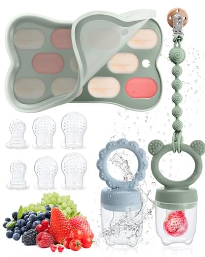 Fruchtsauger Baby ab 3 4 5 6+ Monate, 2 Stück Baby Obst Nahrung Futterautomat & MBabynahrungs-Aufbewahrungsbehälter & Schnullerkette & 6 Silikon Sauger in 3 Größen