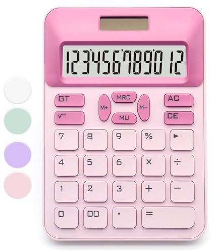 Calculatrice rose de bureau basique avec écran LCD à 12 chiffres, fournitures de bureau rose, jolie calculatrice pour bureau, maison, école, magasin