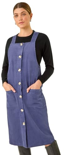 Roman Originals Corduroy Pinafore Midi Dress for Women UK - Ladies Everyday Autumn Winter Square Neckline Comfy Soft Evening Vacation Work Party Night Out - Indigo - Size 14