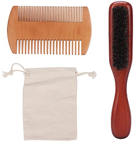 Bartkamm Set Doppelseitige Holzpflege Set für Männer Schnurrbart Bartkamm mit Etui Natürliche Borsten Hautpeeling
